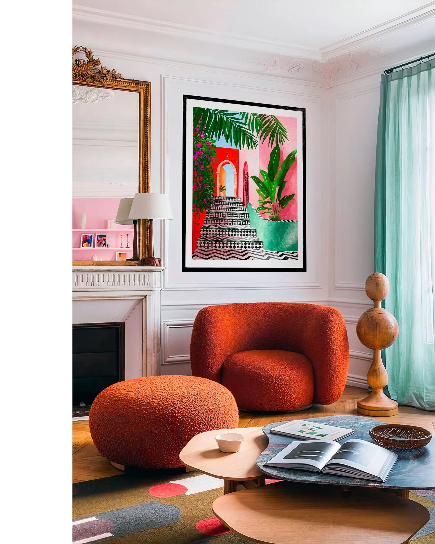 Tirage Marrakech zellige et arche orange dans un salon parisien avec fauteuils terracotta bouclette
