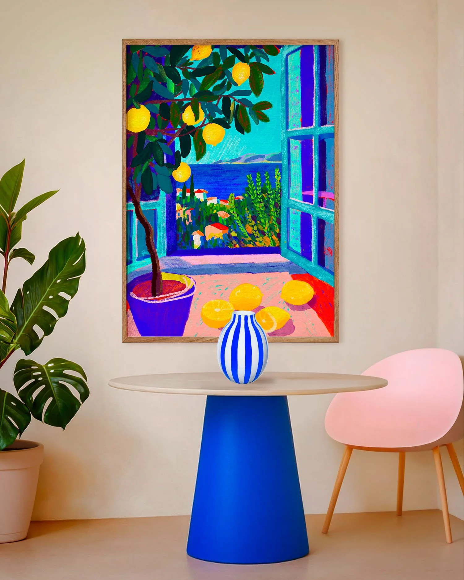 Affiche Finestra sull'azzurro de Claire Maoui dans un intérieur contemporain coloré aux tons bleus et rose pastel