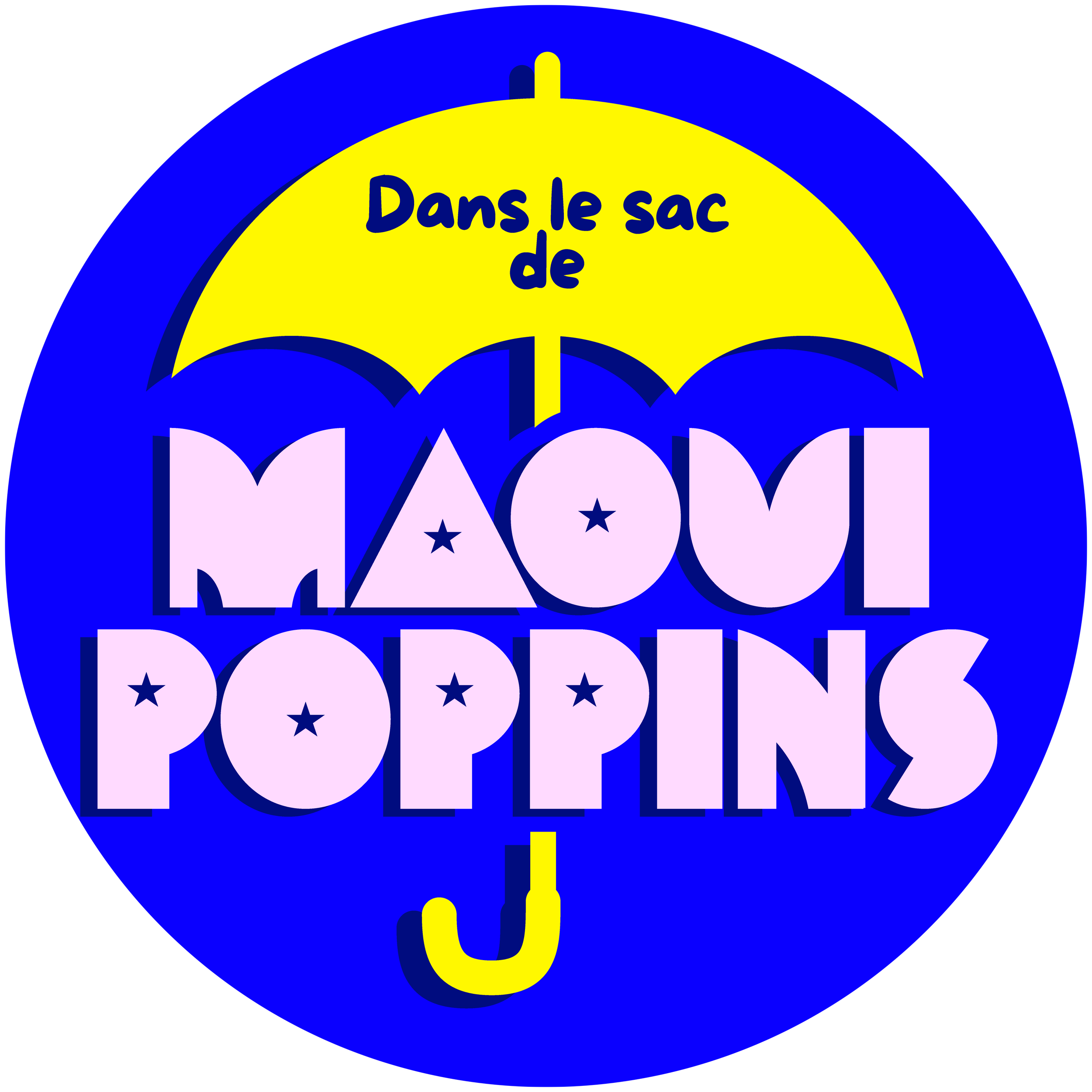 Logo du podcast Dans le sac de Maoui Poppins de Claire Maoui, parapluie jaune sur fond bleu
