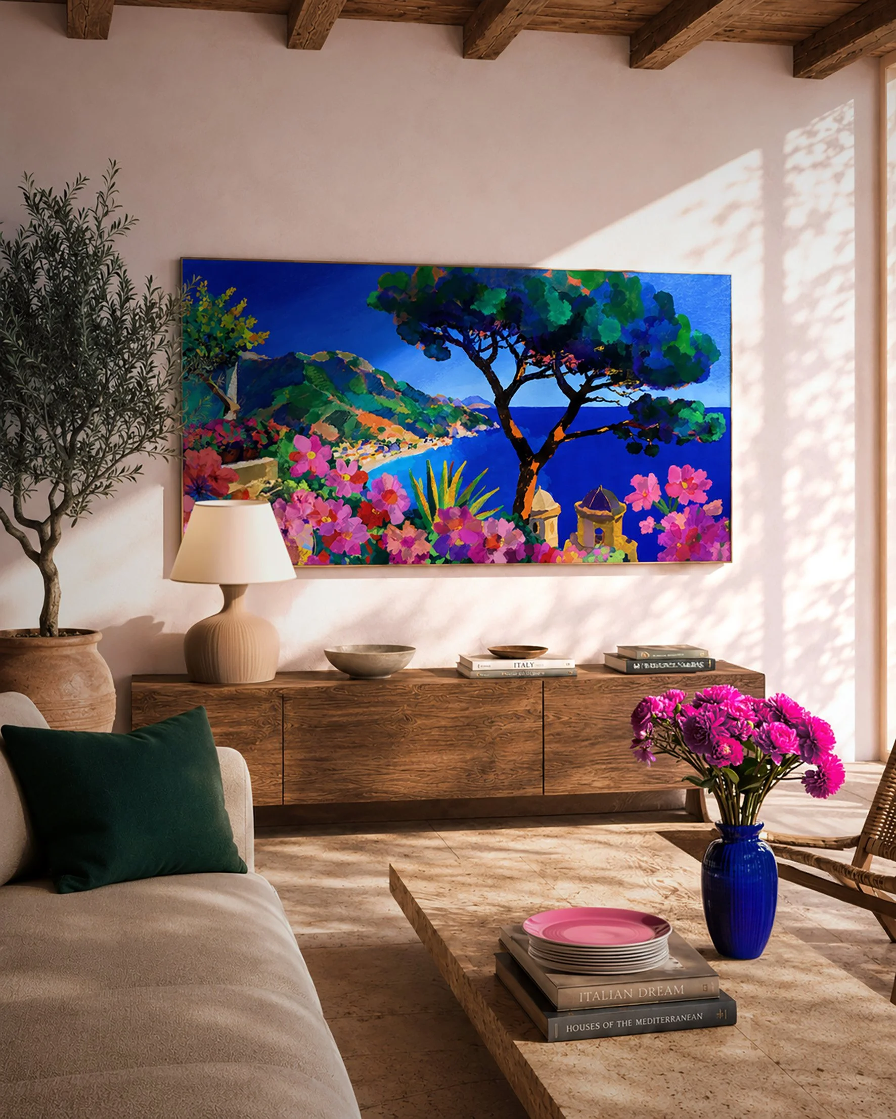 Tableau panoramique Ciao Ravello, tirage d'art côte amalfitaine dans un salon méditerranéen aux poutres apparentes