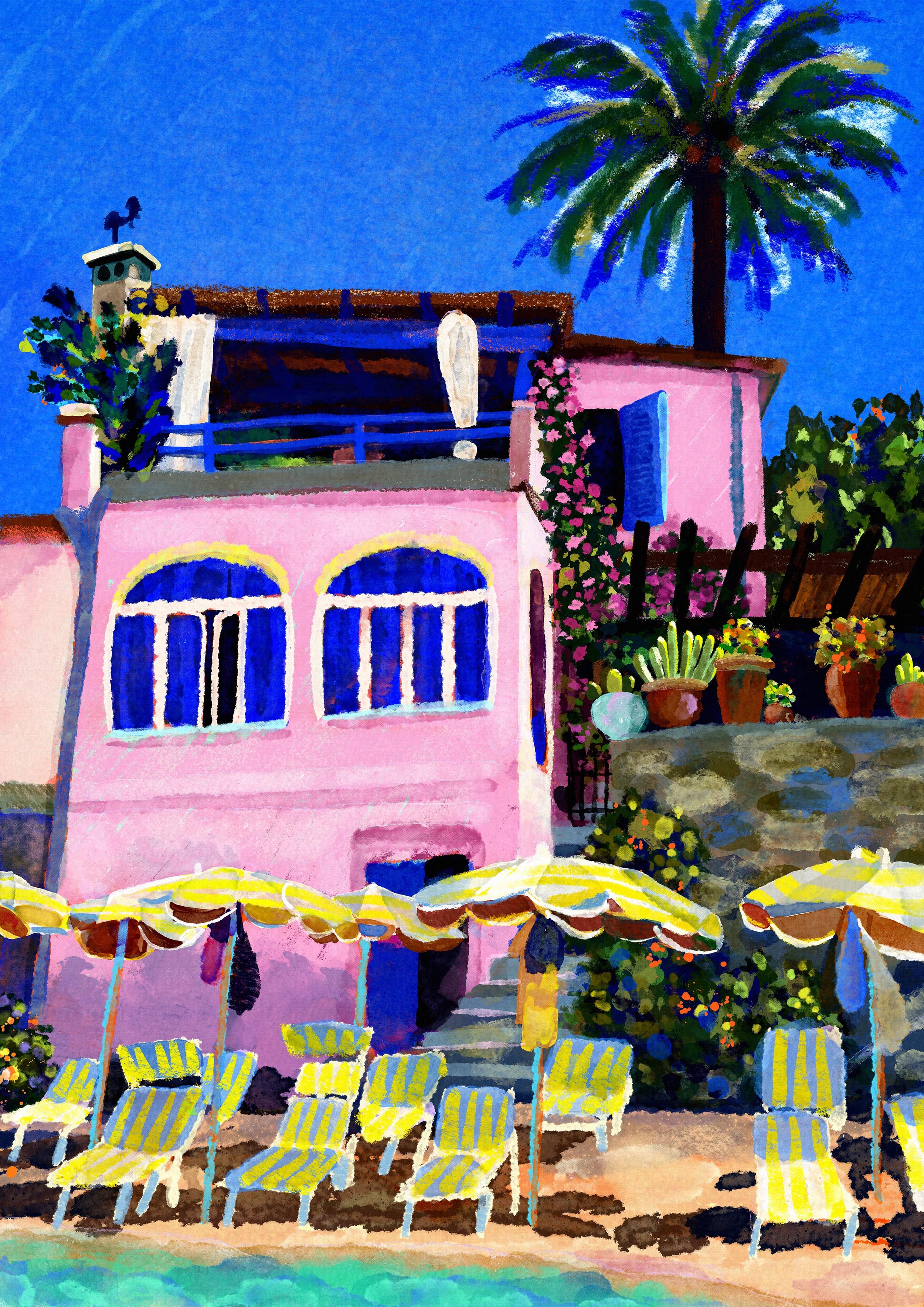 Tirage d'art de Biodola de Claire Maoui, maison rose et parasols jaunes rayés sur la plage de Forno, ile d'Elbe
