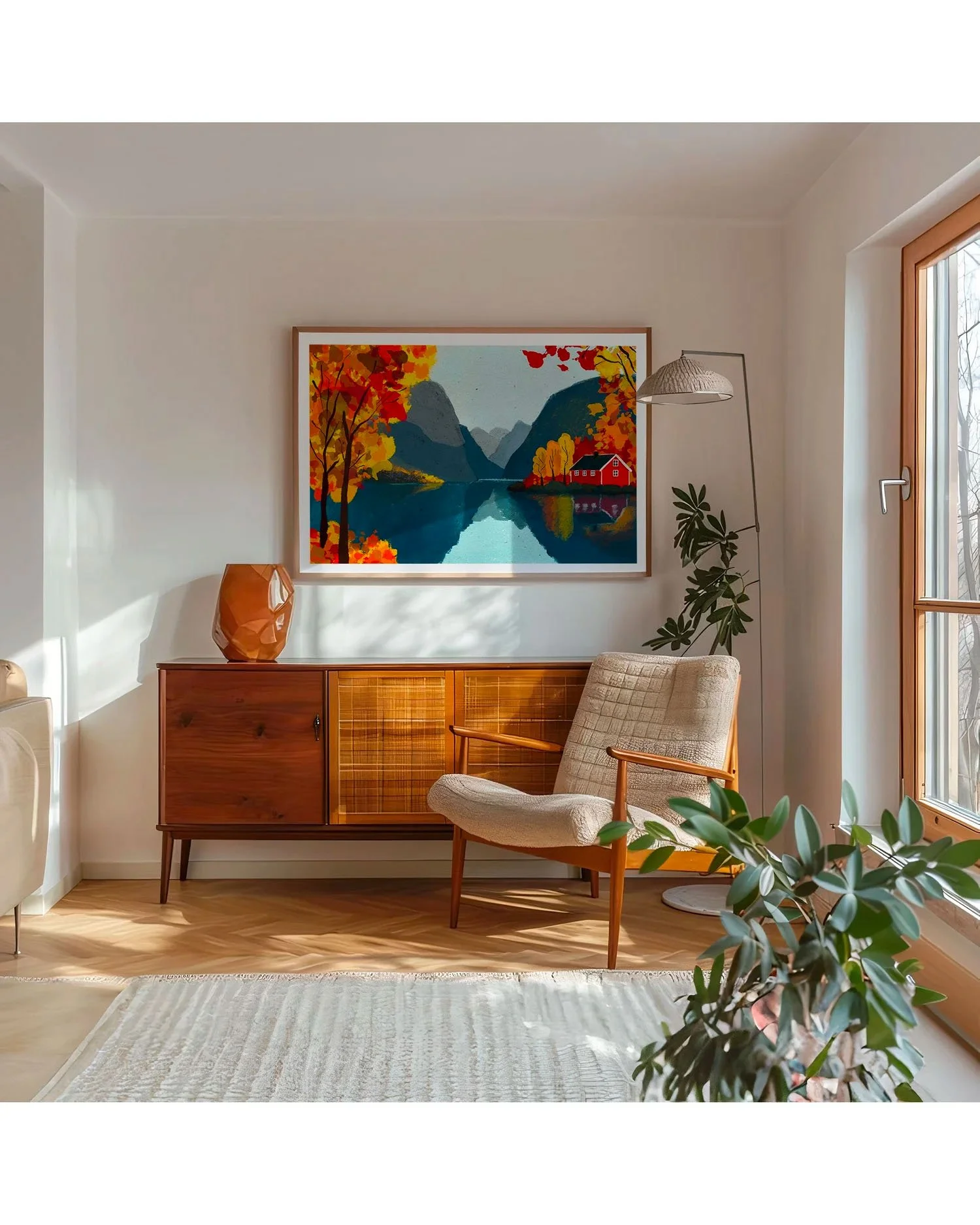 The Ecstasy of Gold de Claire Maoui dans un salon scandinave mid-century avec buffet teck et fauteuil bouclette