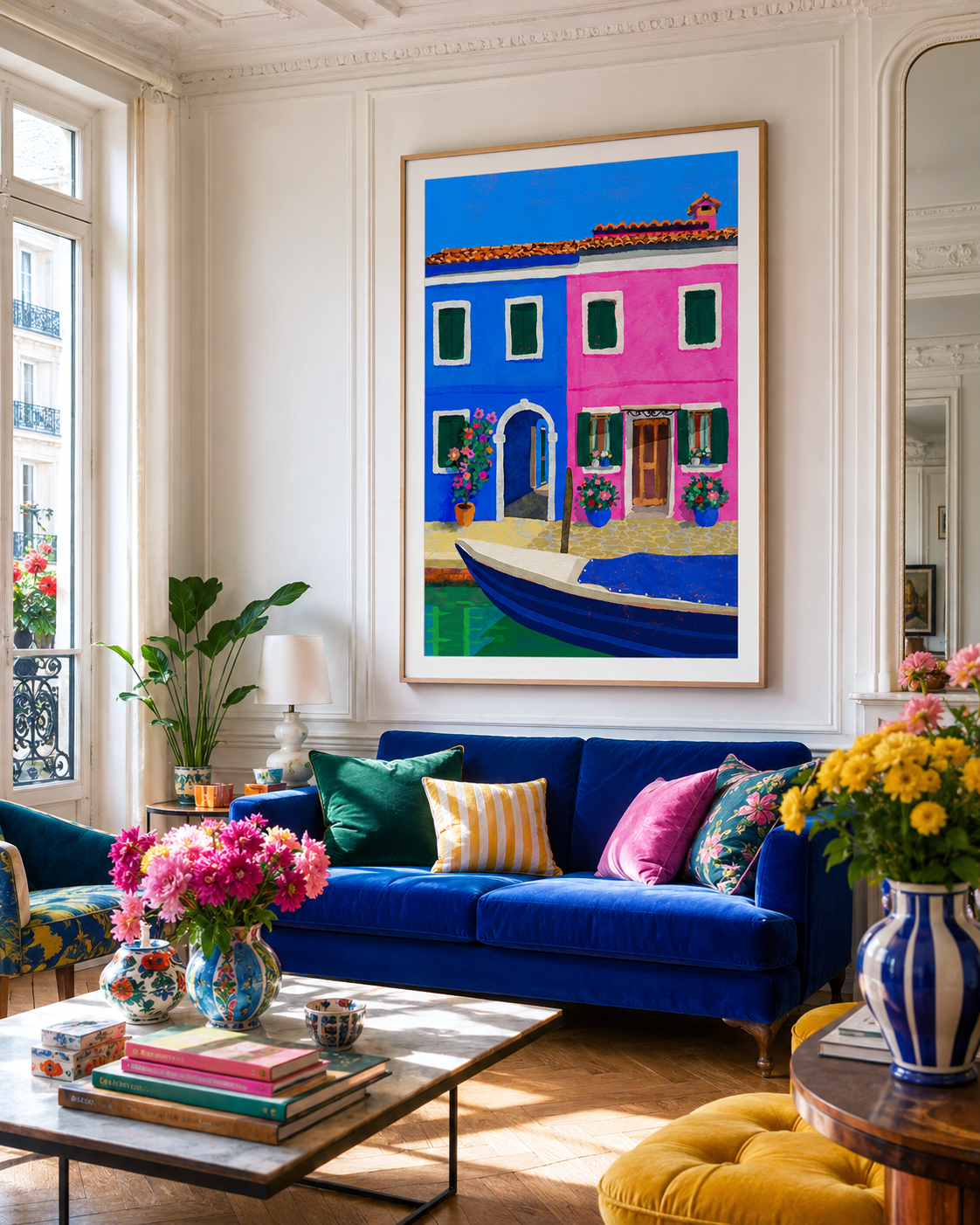 Tirage d'art Burano de Claire Maoui dans un salon haussmannien, au-dessus d'un canapé en velours bleu cobalt