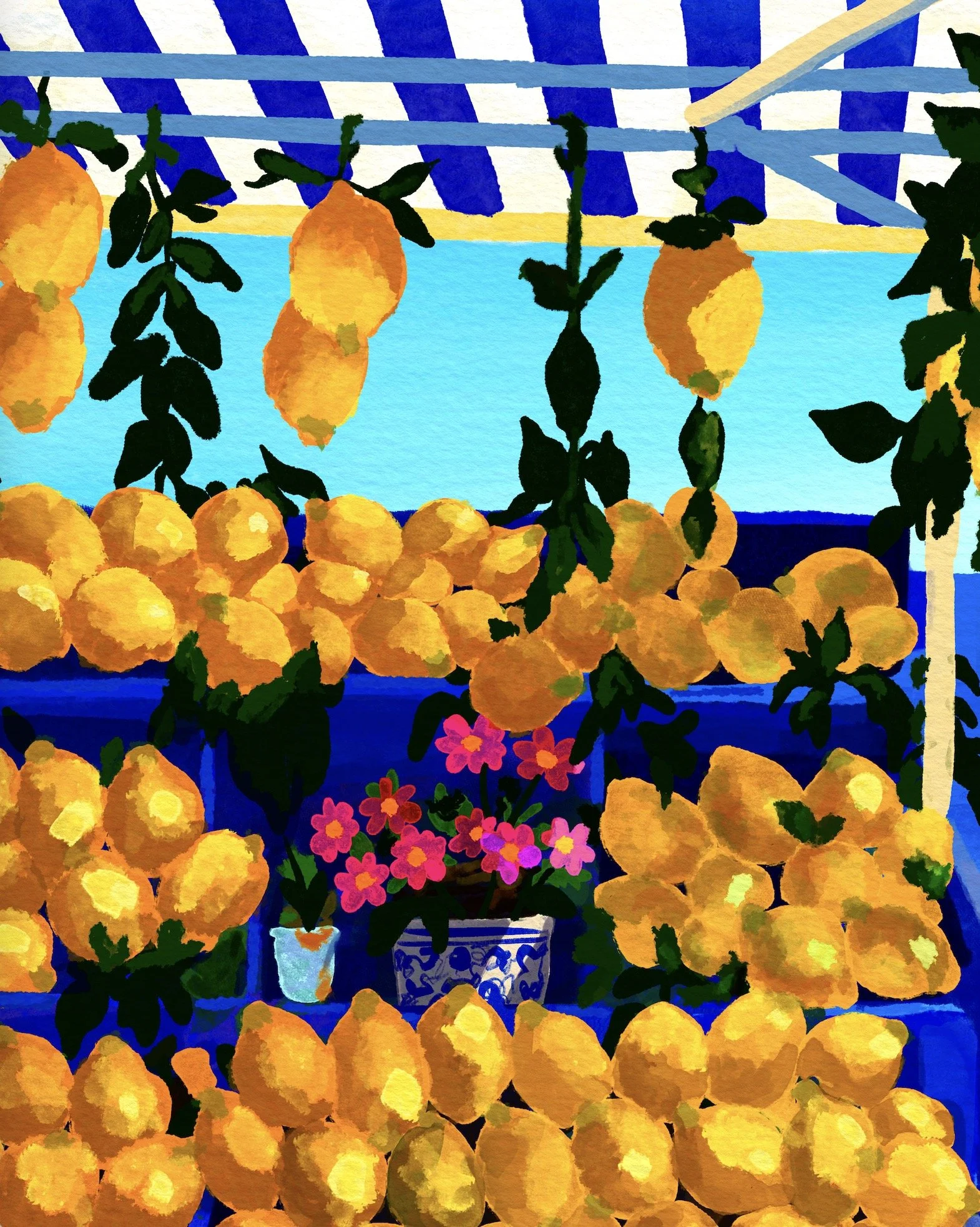 Détail du tableau Bleu citron : citrons d'Amalfi, fleurs fuchsia et pots en céramique italienne bleue et blanche, gouache
