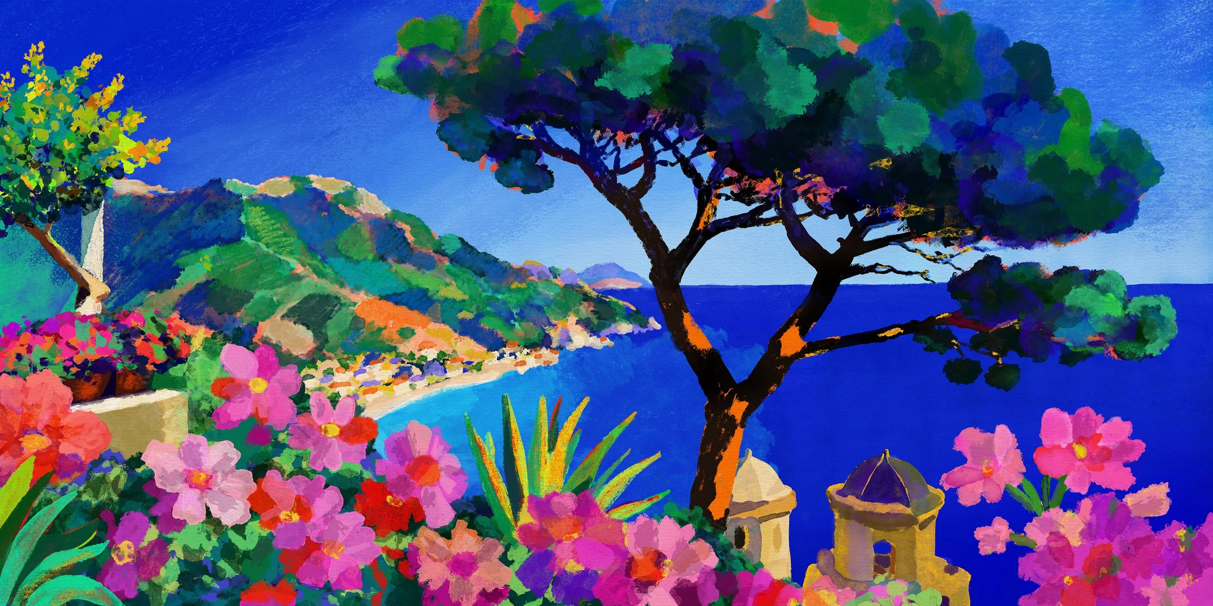 Ciao Ravello, tirage d'art côte amalfitaine : pin parasol, lauriers-roses et coupoles de la villa Rufolo face à la Méditerranée, gouache de Claire Maoui