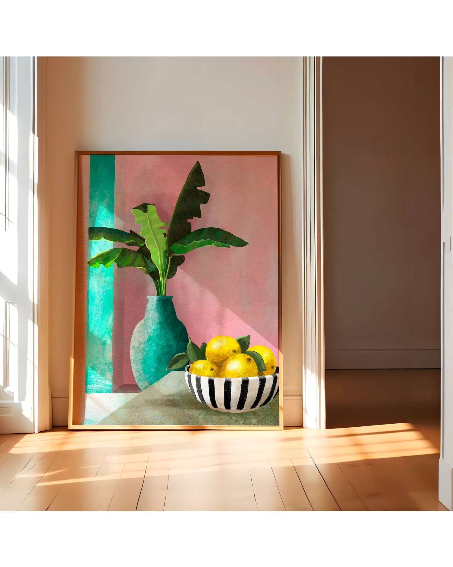 Affiche nature morte citrons et bananier dans un couloir lumineux au parquet doré