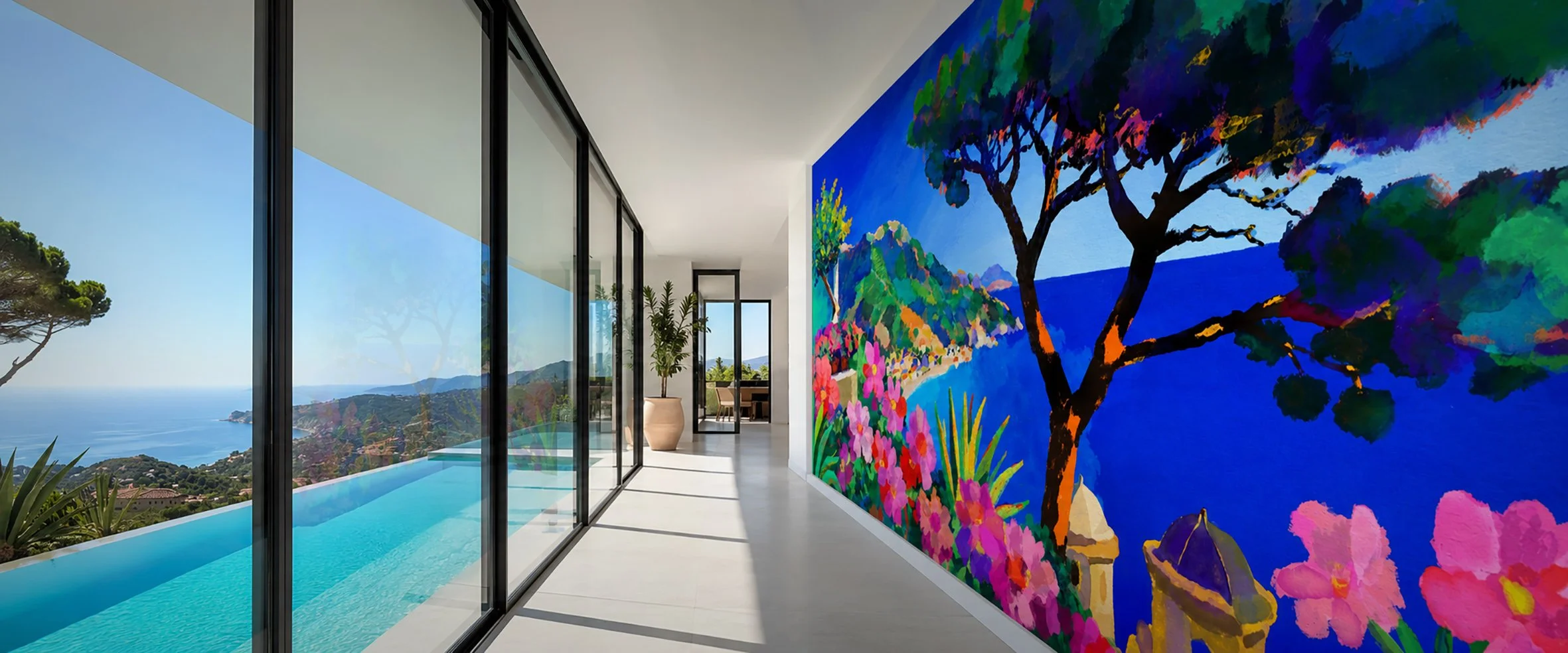 panoramique-mediterranee-claire-maoui.jpgPapier peint panoramique Ciao Ravello, fresque murale méditerranéenne dans un couloir de villa avec piscine