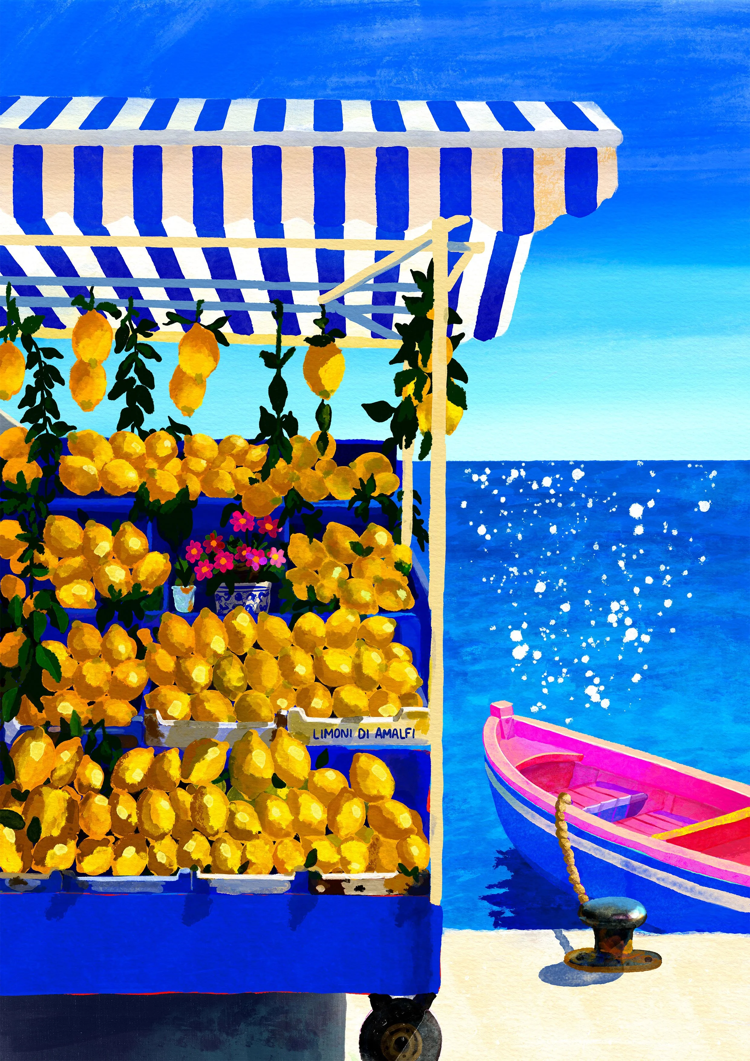 Tableau Bleu citron, étal de citrons d'Amalfi sous un store rayé bleu et barque rose sur la mer Méditerranée, gouache