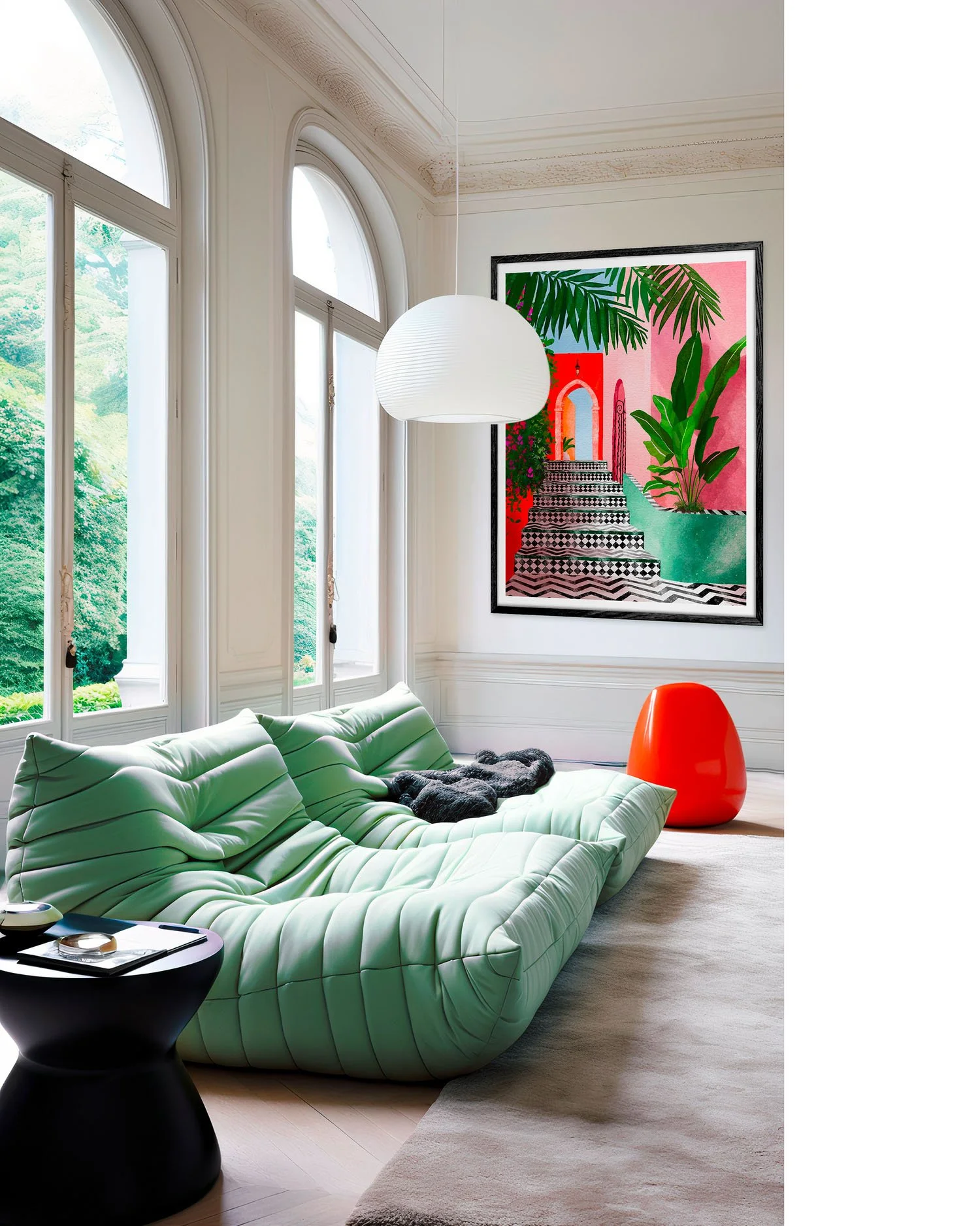 Tirage Stairway to Heaven dans un salon haussmannien avec banquette vert d'eau et lampe orange