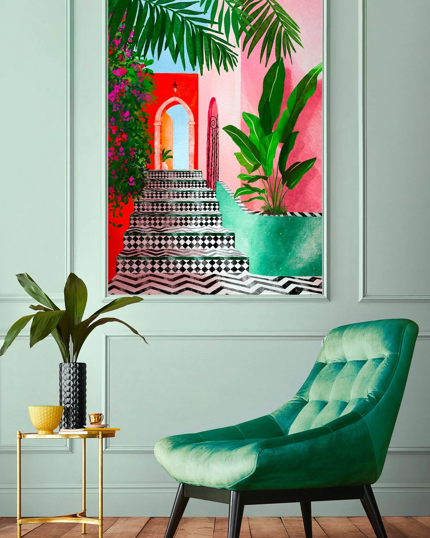 Stairway to Heaven de Claire Maoui dans un salon vert d'eau avec fauteuil velours et déco minimaliste