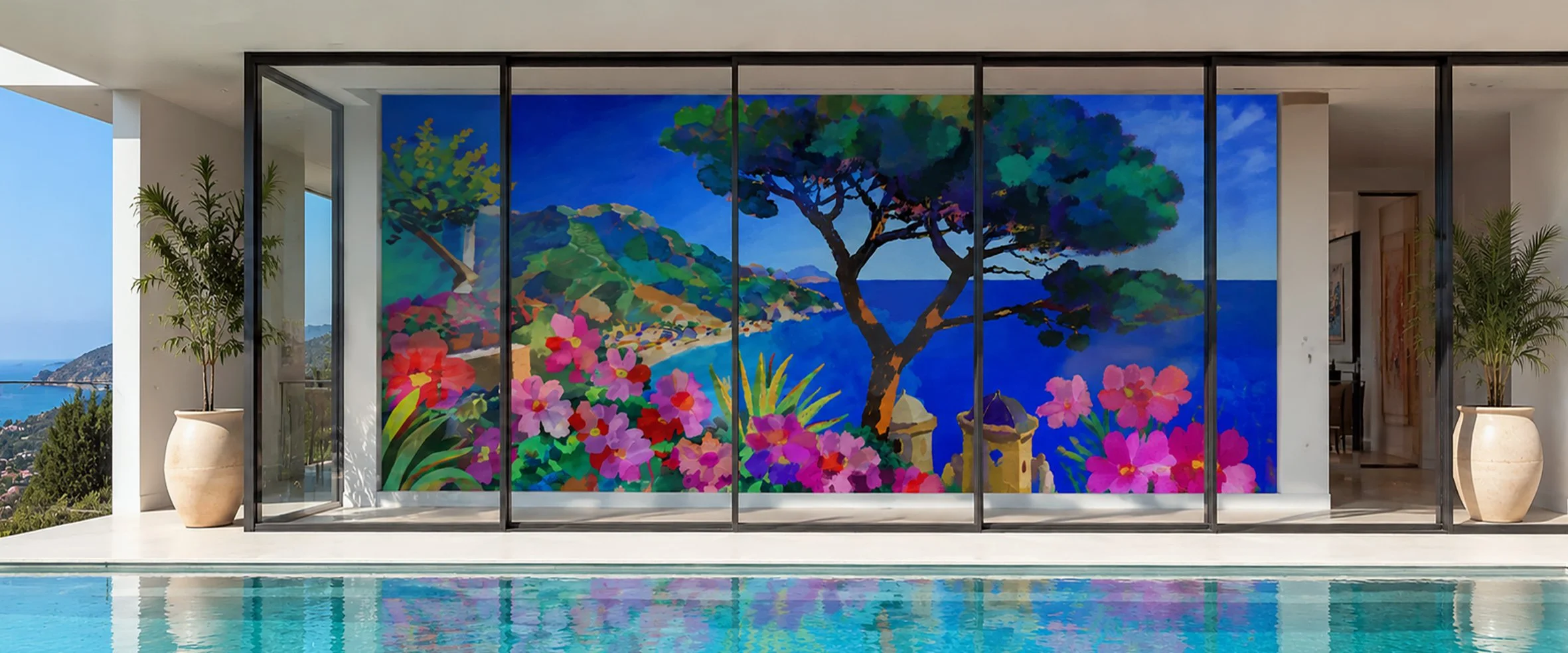 Fresque murale XXL Ciao Ravello, décor mural côte amalfitaine sur mesure vu depuis la piscine d'une villa