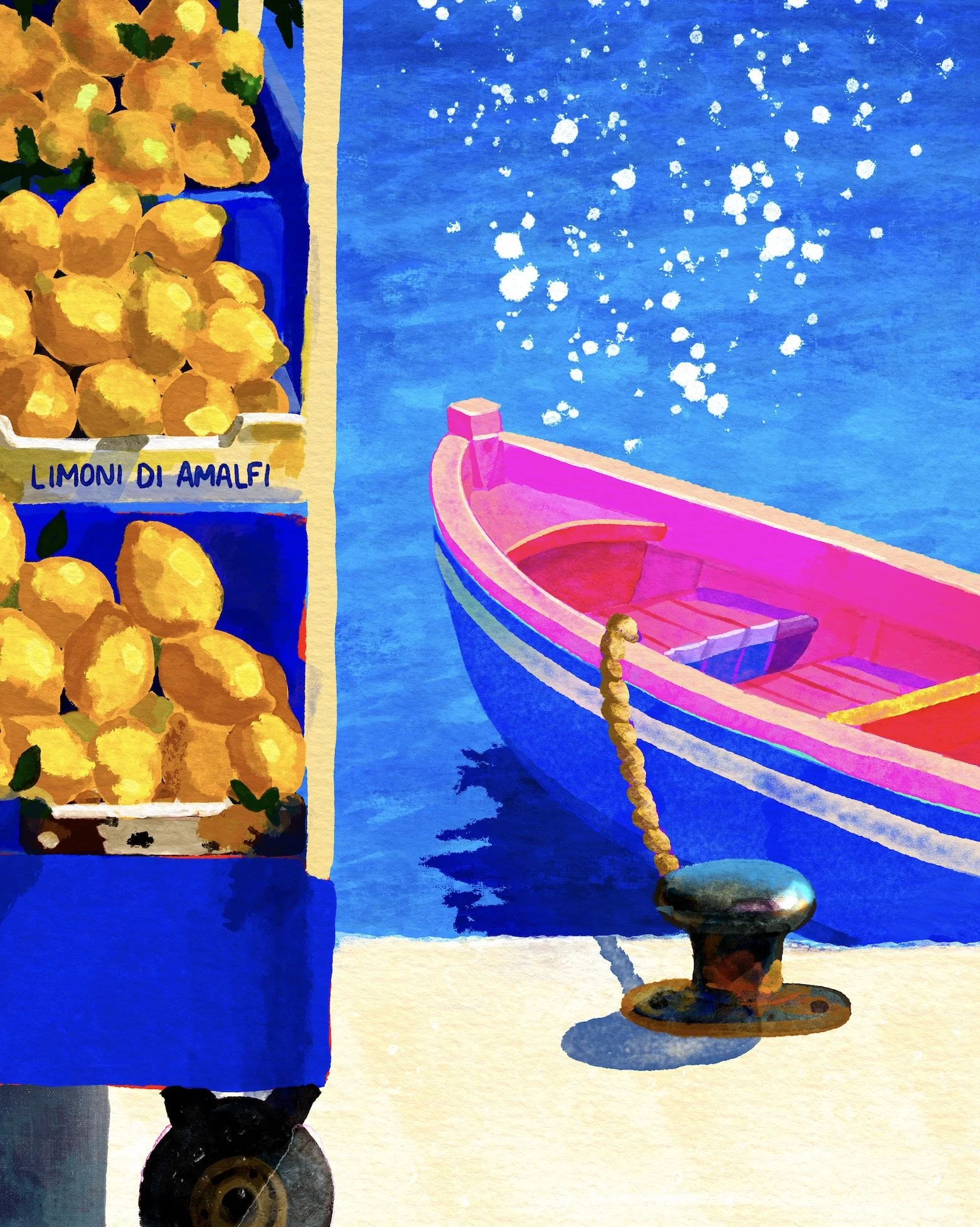 Détail du tableau Bleu citron : barque rose et bleue amarrée sur la mer cobalt de la côte amalfitaine