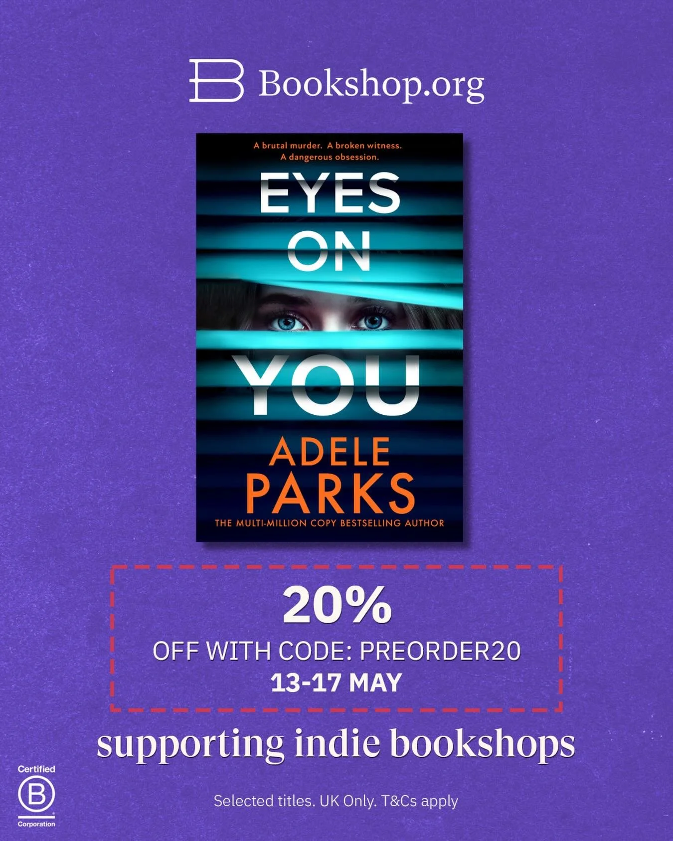 Well hello! Eyes on this please! I&rsquo;m delighted to tell you that @bookshop_org_uk are running a 20% off promo on pre-orders of my next very tense and totally gripping (my review 😂) novel. EYES ON YOU is out August 27th but if you want to suppor