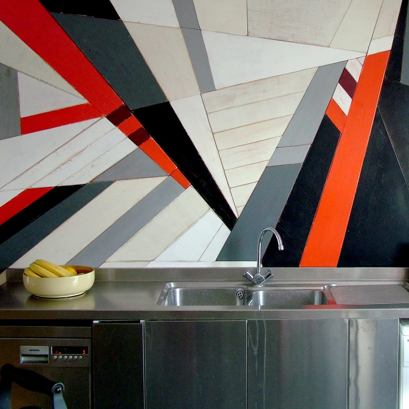 Kitchen wall - upcycled, sealed timber.