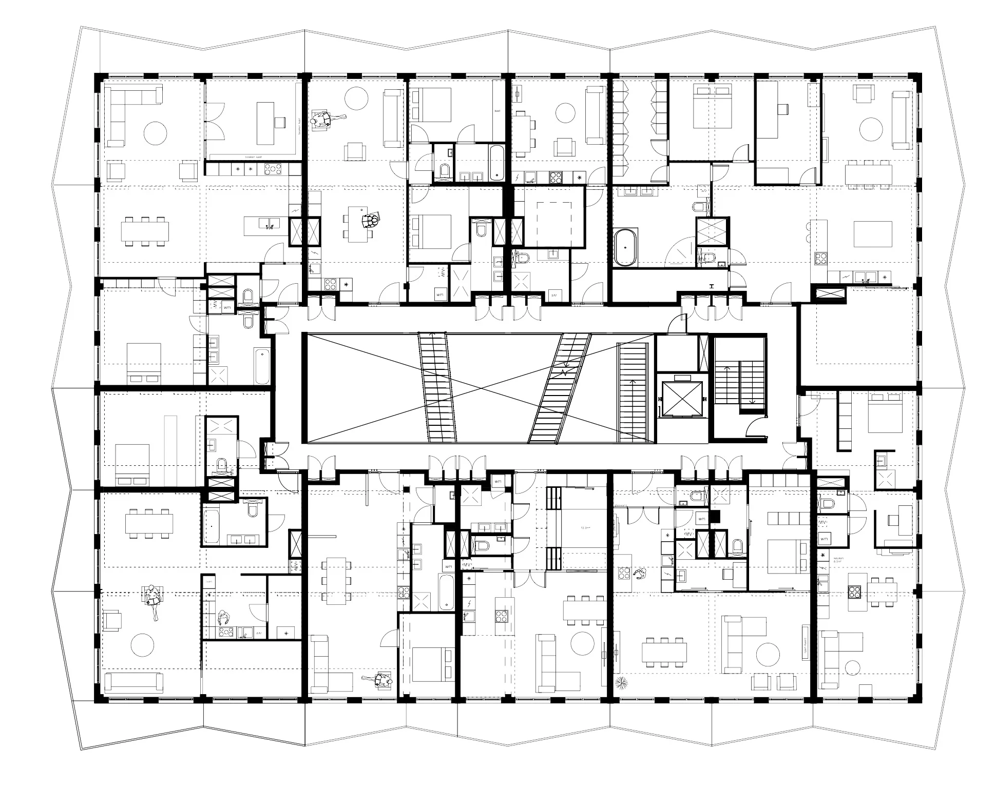 The floorplan is very diverse. Apartments range from 28 m2 to 220 m2 and are all individually designed.