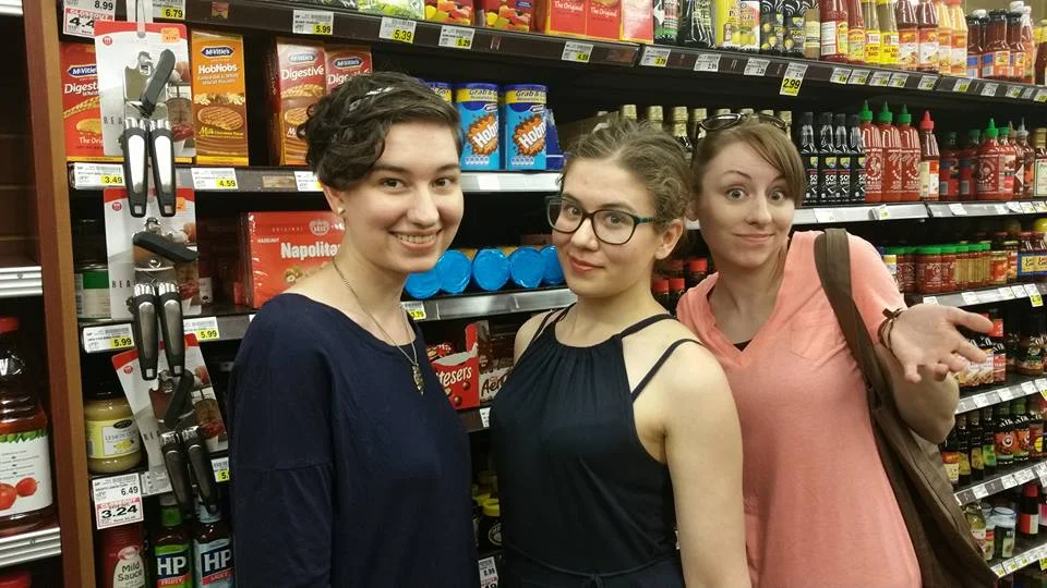 Bree, me and Jess in the British Aisle of their local grocery store. So. Many. Condiments.
