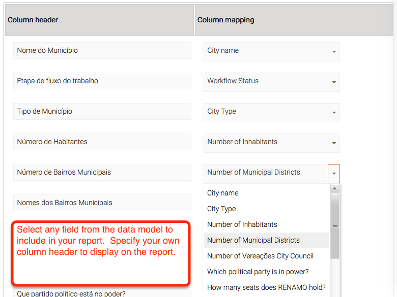 Mapping fields from the data model to the report