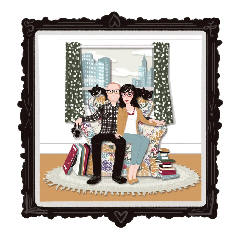 Kathryn + Stephen | Commissioned as a wedding gift, this portrait features Kathryn, Stephen, and their cats Avon and Stringer in their Jersey City, NJ apartment. | Digital drawing, 10x10