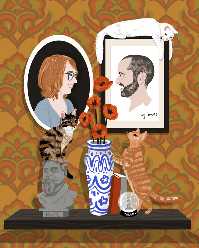 Brittany + H.A. | Brittany and her partner H.A. and their three cats. The scene was inspired by personal details Brittany's sister shared with me when commissioning their portraits, including H.A.'s philosophical leanings, the couple's love of travel (including a memorable trip to Poland), and Brittany's appreciation for vintage furnishings. | Digital drawing, 8x10
