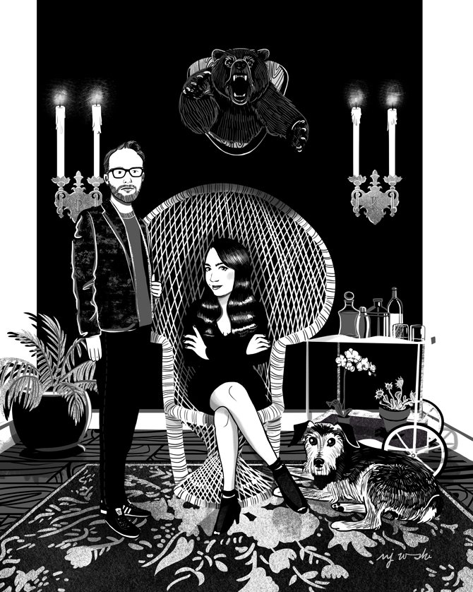 At the Rowhouse | A house-warming gift for Kristen, Pete, and pup Ernie. Kristen's home-renovation blog was a great source of inspiration for the portrait - especially a post wherein she quoted Pete describing his ideal home aesthetic as "terrifying". The mounted bear and peacock chair are design elements from their actual home, and the rest of the details were made up to create a modern Addams Family vibe - with a particular nod to Morticia in Kristen's pose and hairstyling. | Digital drawing, 8x10