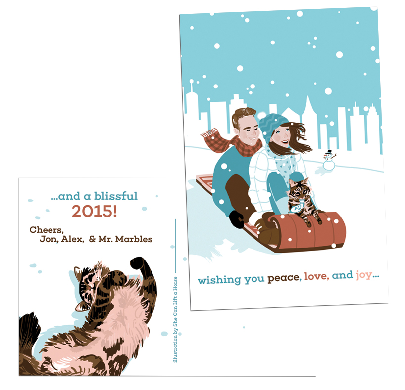 Jon, Alex, & Mr. Marbles | Being an interfaith couple, Jon and Alex wanted something wintery and fun, but not holiday-specific. The backdrop represents their hometown of Jersey City, NJ and both front and backside illustrations show their Maine coon, Mr. Marbles, enjoying the great outdoors (this cat has a harness leash and spends a lot of time in park trees and for that I love him.) | Professionally offset printed on 4x6 double-sided postcards