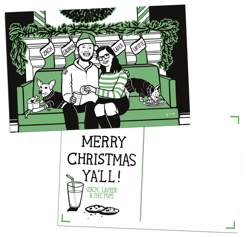 Lauren & Zach | Full-blown Christmas party with the pups! | Professionally offset printed on 4x6 double-sided postcards with space for a short handwritten note and address