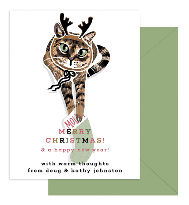 Molly Christmas | A single-sided card mailed with coordinating green envelopes. Features Doug & Kathy's newest family member, a rescue cat named Molly. | Professionally printed on linen-textured card stock, 4.25x5.5