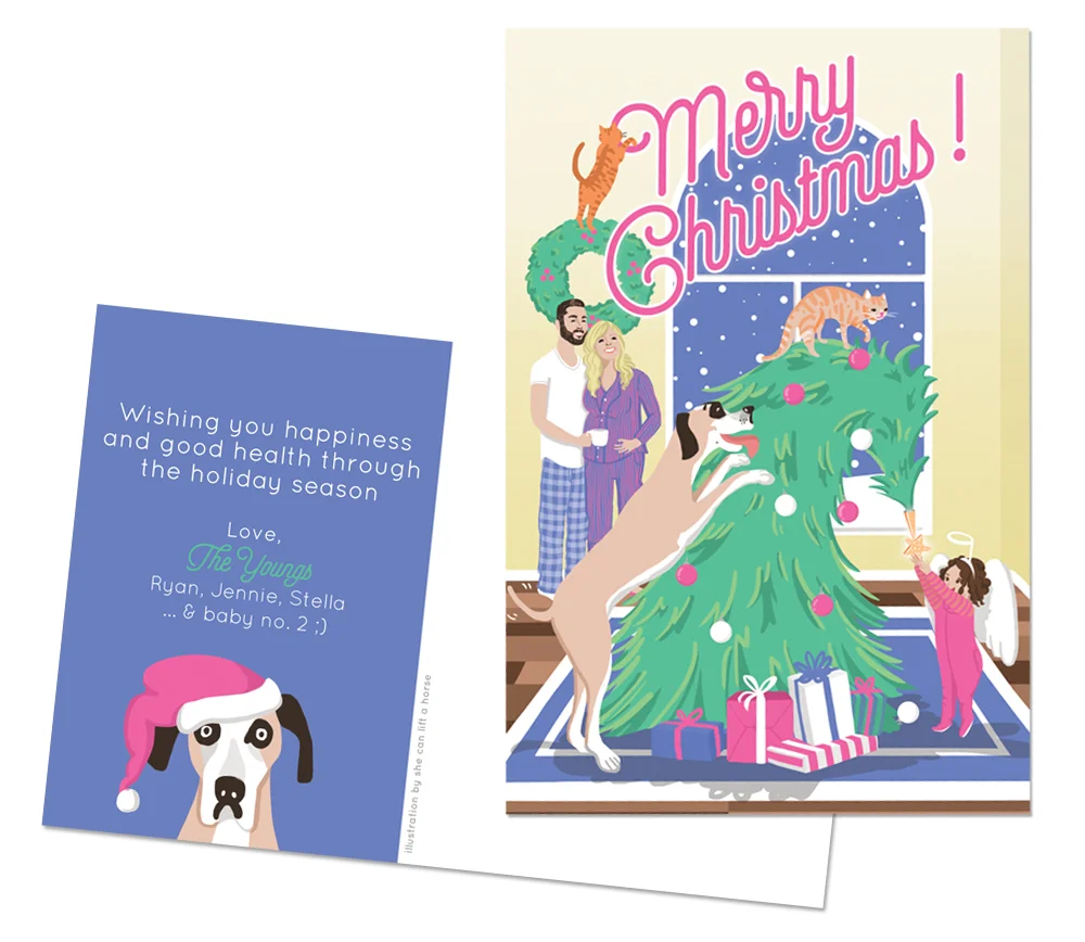 The Youngs | With two cats, a dog the size of a truck, an energetic toddler, and a new baby on the way, Jennie and Ryan felt that something equal parts festive and chaotic would best represent their family during the holidays. | Professionally offset printed on double-sided 4x6 postcards
