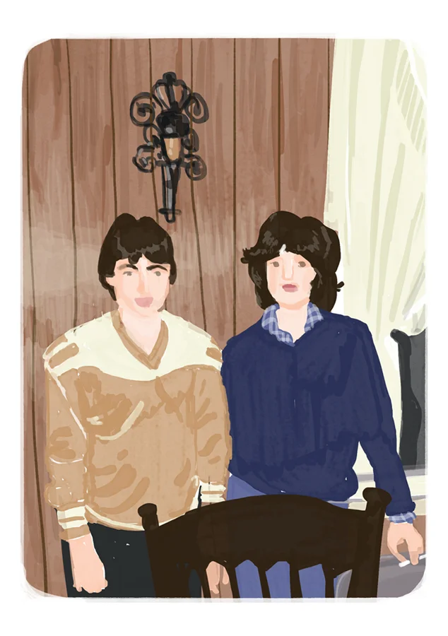Mom + Dad | A personal piece I created for my own parents' wedding anniversary, based on a favorite polaroid photo from just after they were married. Nice job trying to hide the cigarette, Mom! | Digital drawing, 5x7