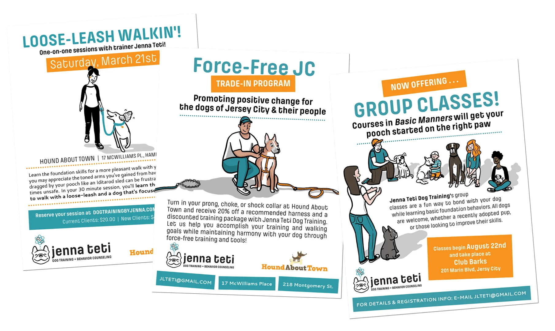 A selection of flyers I illustrated and designed for a variety of programs offered by Jenna. Two color schemes have been used to slightly differentiate the work she does in partnership with another local business, and events she offers privately.