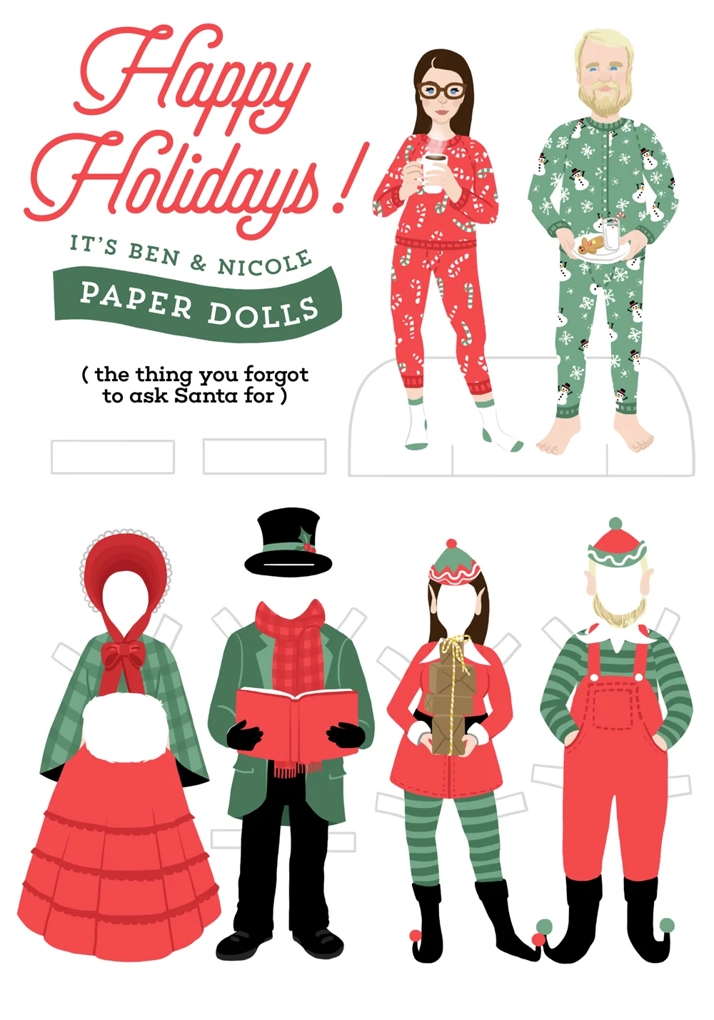 2014: Paper Dolls | This design was, hands down, our most popular Christmas card to date. Paper doll versions of my husband and I filled the front and back of a 5x7 greeting card. A message was handwritten on the inside, and the card could either be displayed with the top portion showing, or cut and assembled.