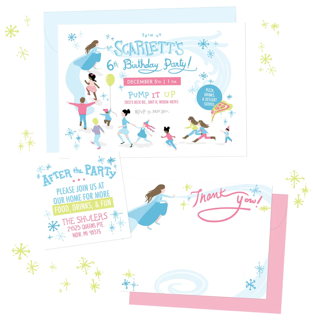 Scarlett's 6th | Frozen themed party invitations This suite was inspired by Scarlett's love of dress-up and the movie Frozen. I wanted to capture some of the exuberance of a children's party with kids running, including some figures modeled after real friends and family. The suite included a party invitation, small info card, and thank you stationery with space for Scarlett to write (and draw). | professionally offset printed