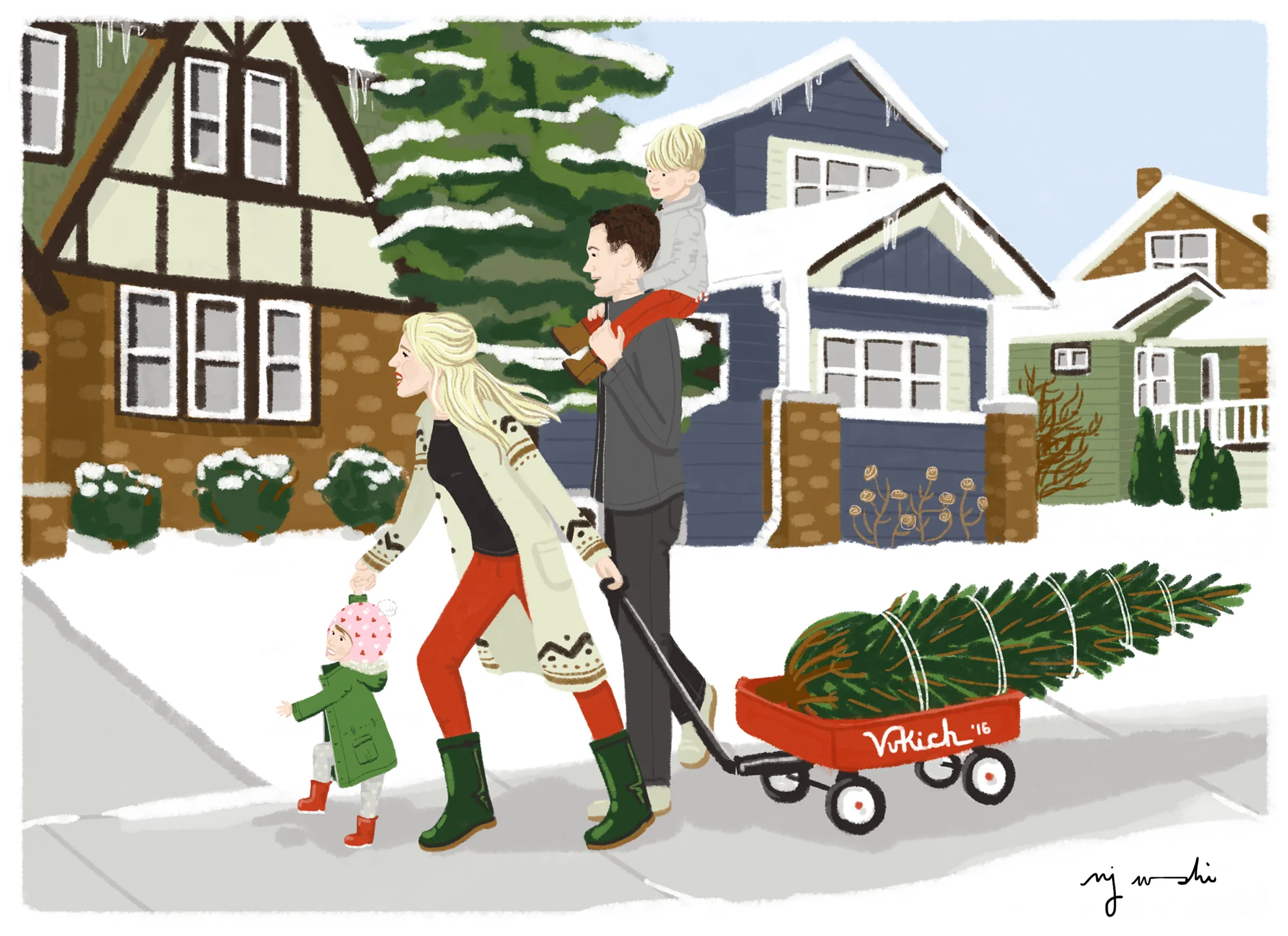 Vukich Christmas | Ashley described bringing home the family's Christmas tree from the lot at the end of their street as one of those truly idyllic moments, wishing she could have captured the moment on film. Since she couldn't, I drew it! Here the family is seen pulling their Christmas tree home in their little red wagon, with drawings of homes from their actual street| Digital drawing, 5x7