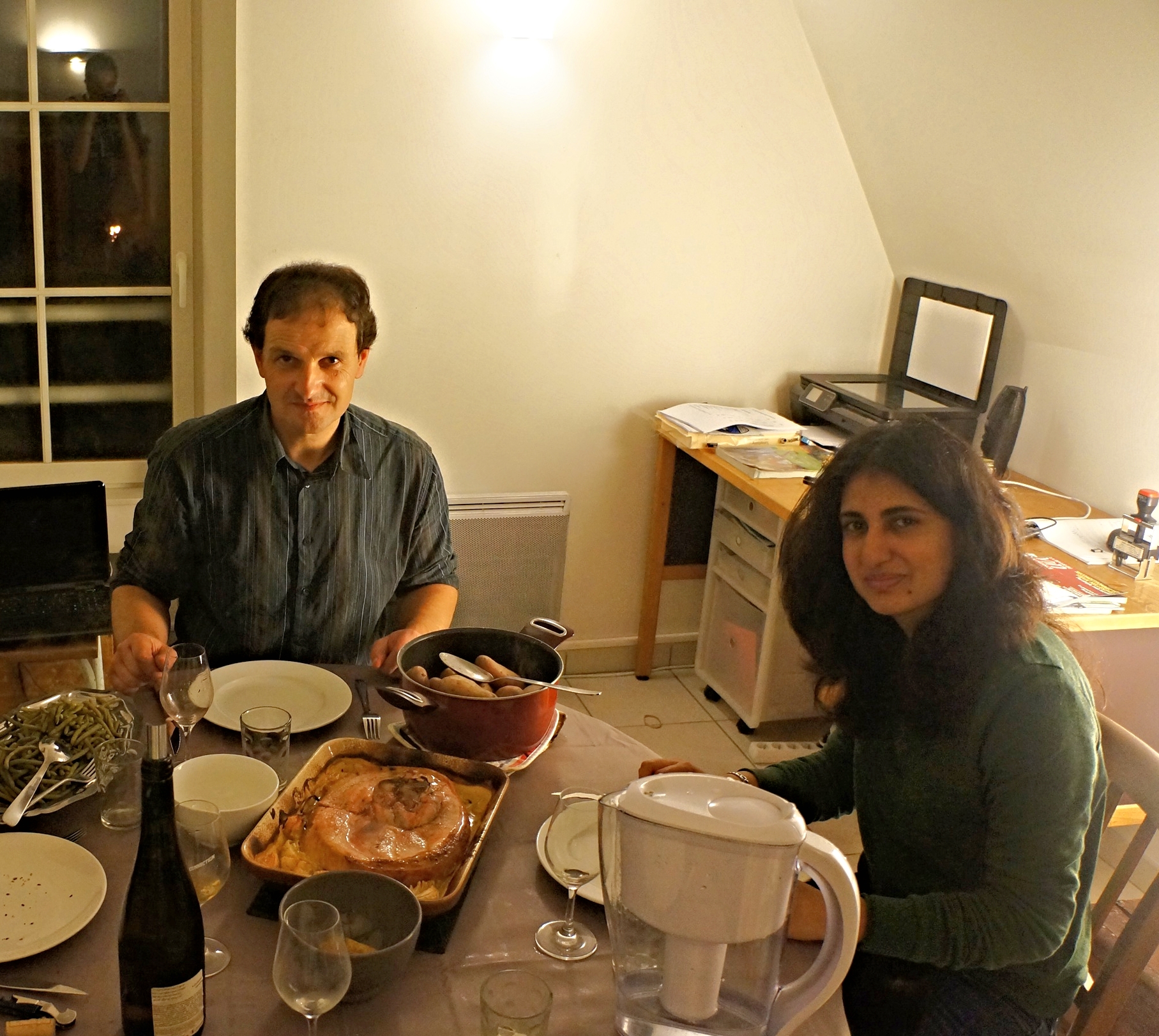 Having dinner with Loic- Pork in mustard-white wine sauce with onions, green beans and boiled potatoes as sides