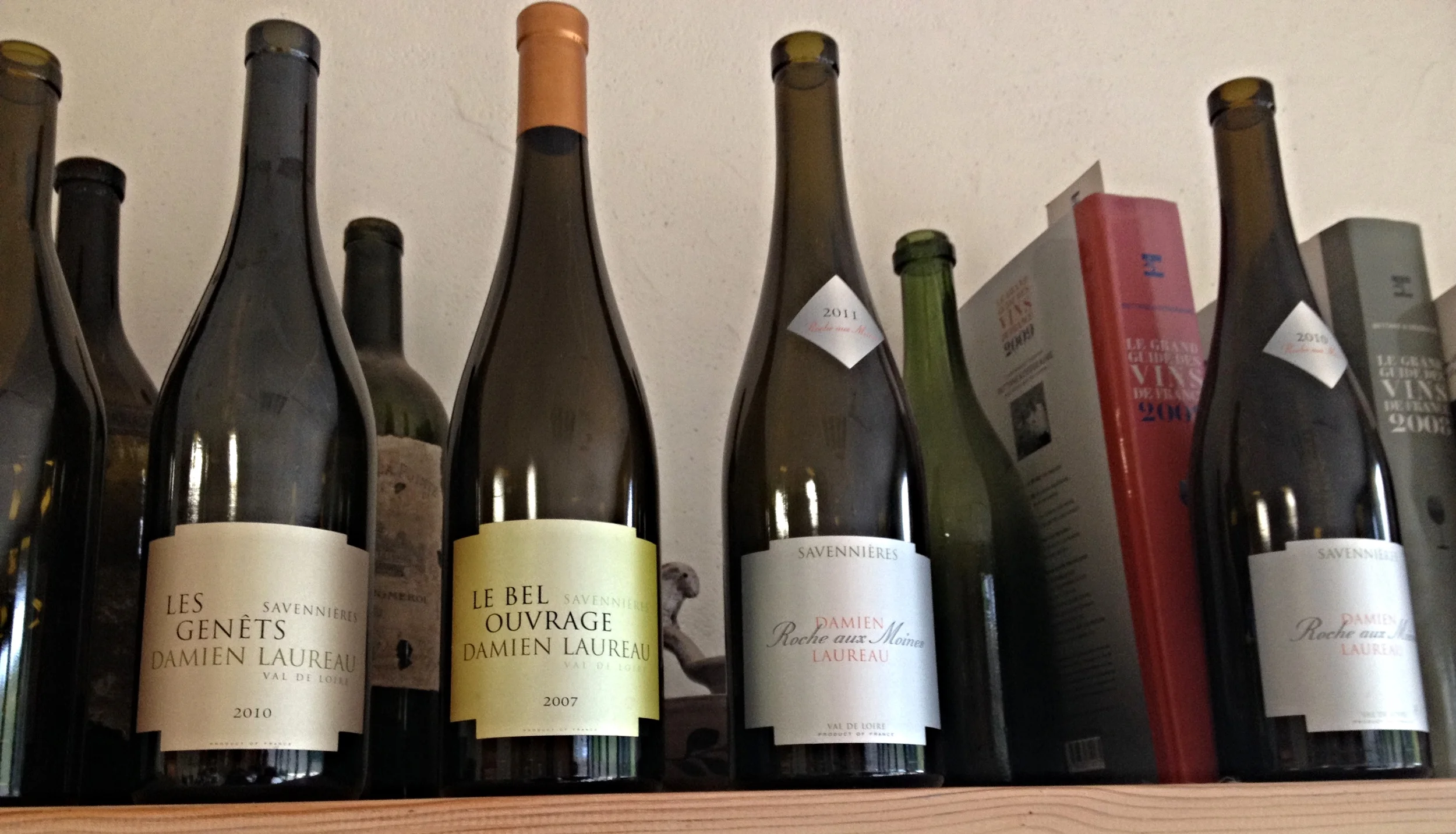 Some of Damien's wines: Les Genets, Le Bel Ouvrage, and the Roche aux Moines