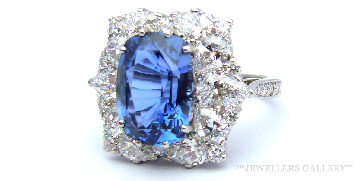 Blue Sapphire, Diamond and Platinum Ring