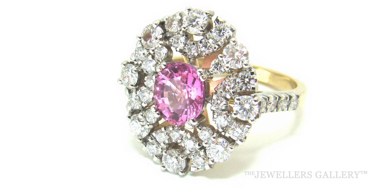 Pink Sapphire Diamond Platinum and 18ct Yellow Gold ring