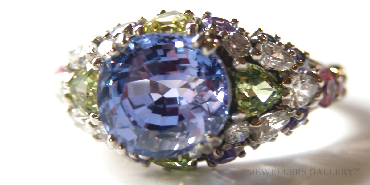 Blue and Multi Colour Sapphire Diamond and Platinum Ring