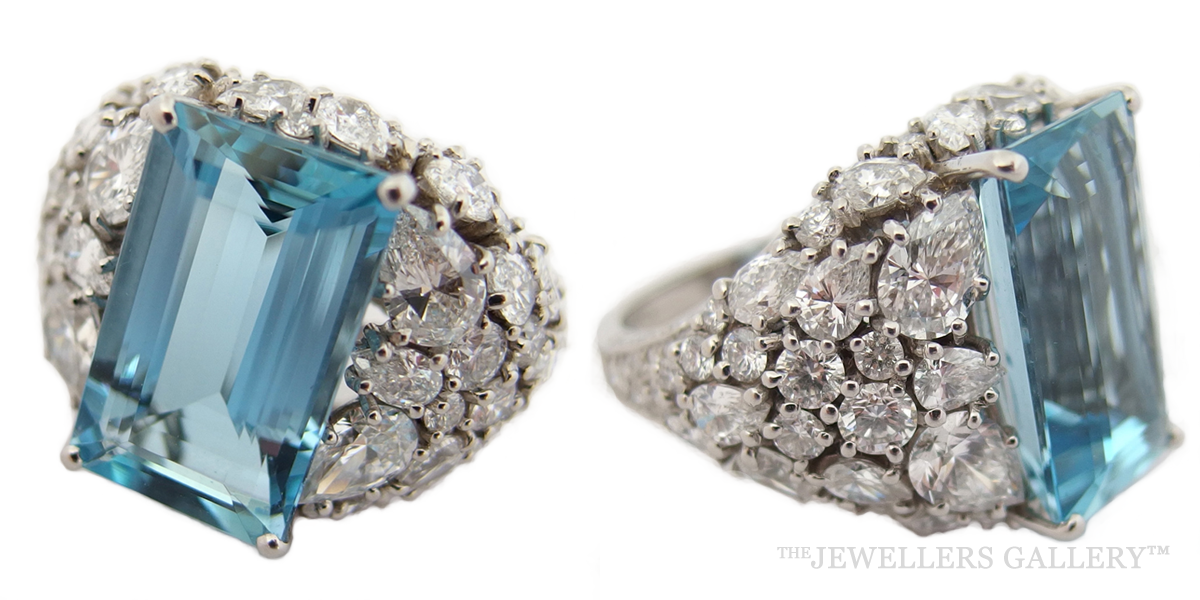 Aquamarine Diamond and Platinum Ring