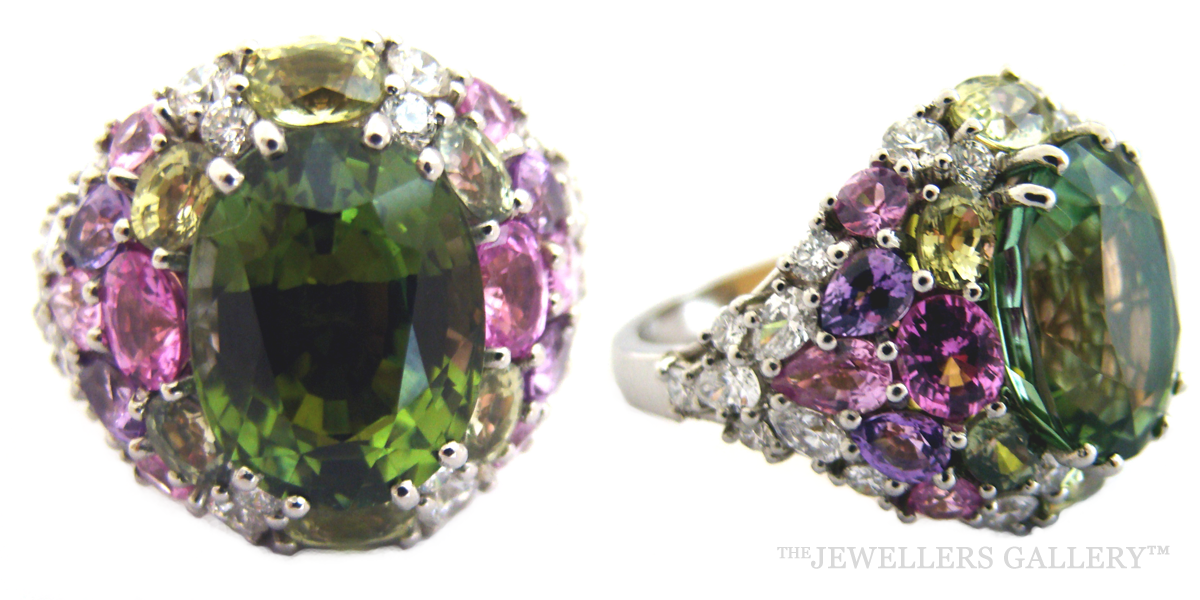 Green Tourmaline Multi Coloured Sapphire Diamond and Platinum Ring