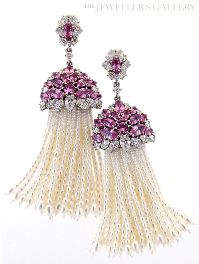 Pink Sapphire Diamond Keshi Pearl and Platinum Tassel Earrings
