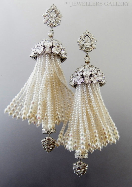 Diamond Keshi Pearl and Platinum Tassel Earrings