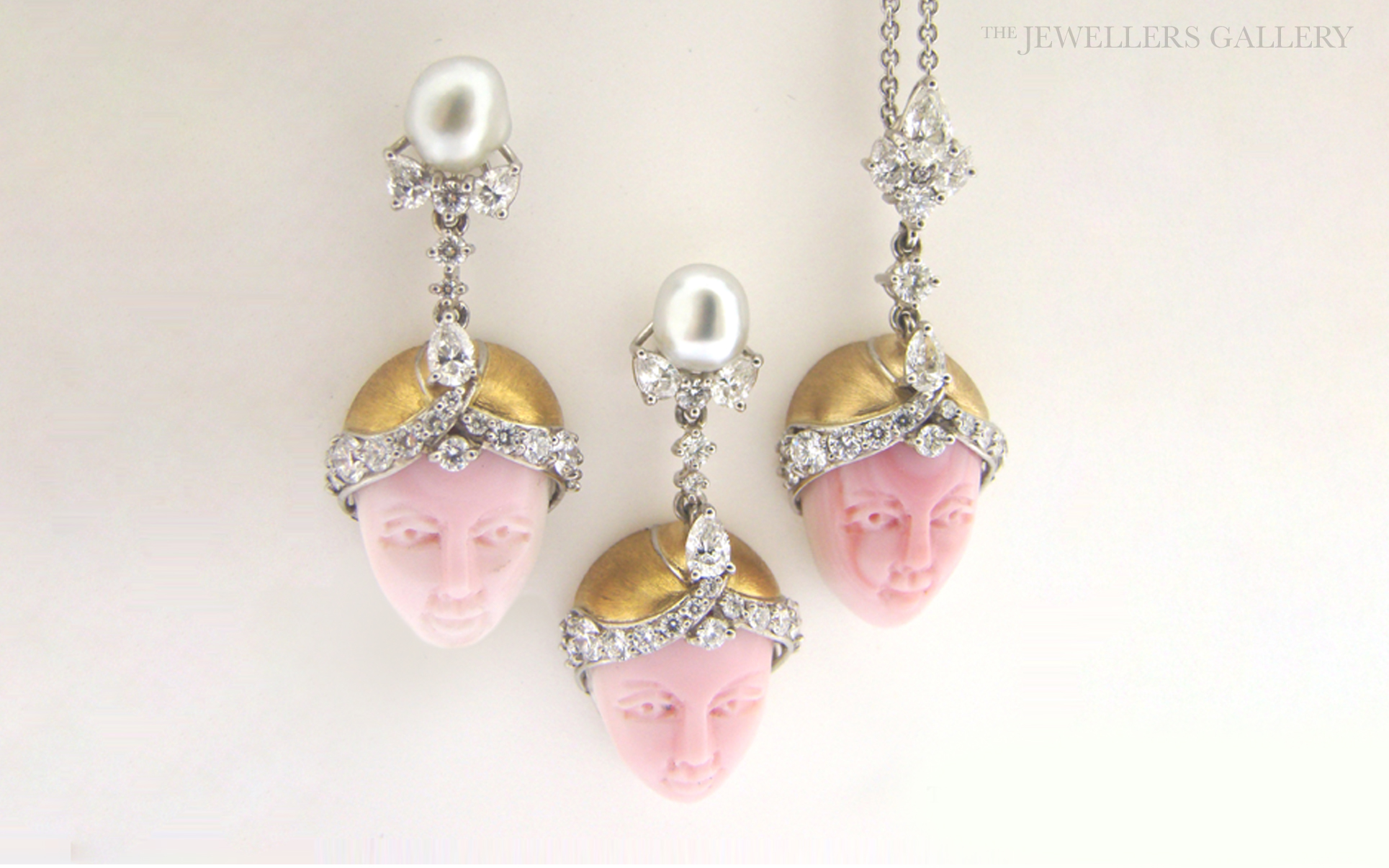 Angel-Skin Coral Faces Keshi Pearl Diamond 22ct Gold and Platinum Earrings and Pendant
