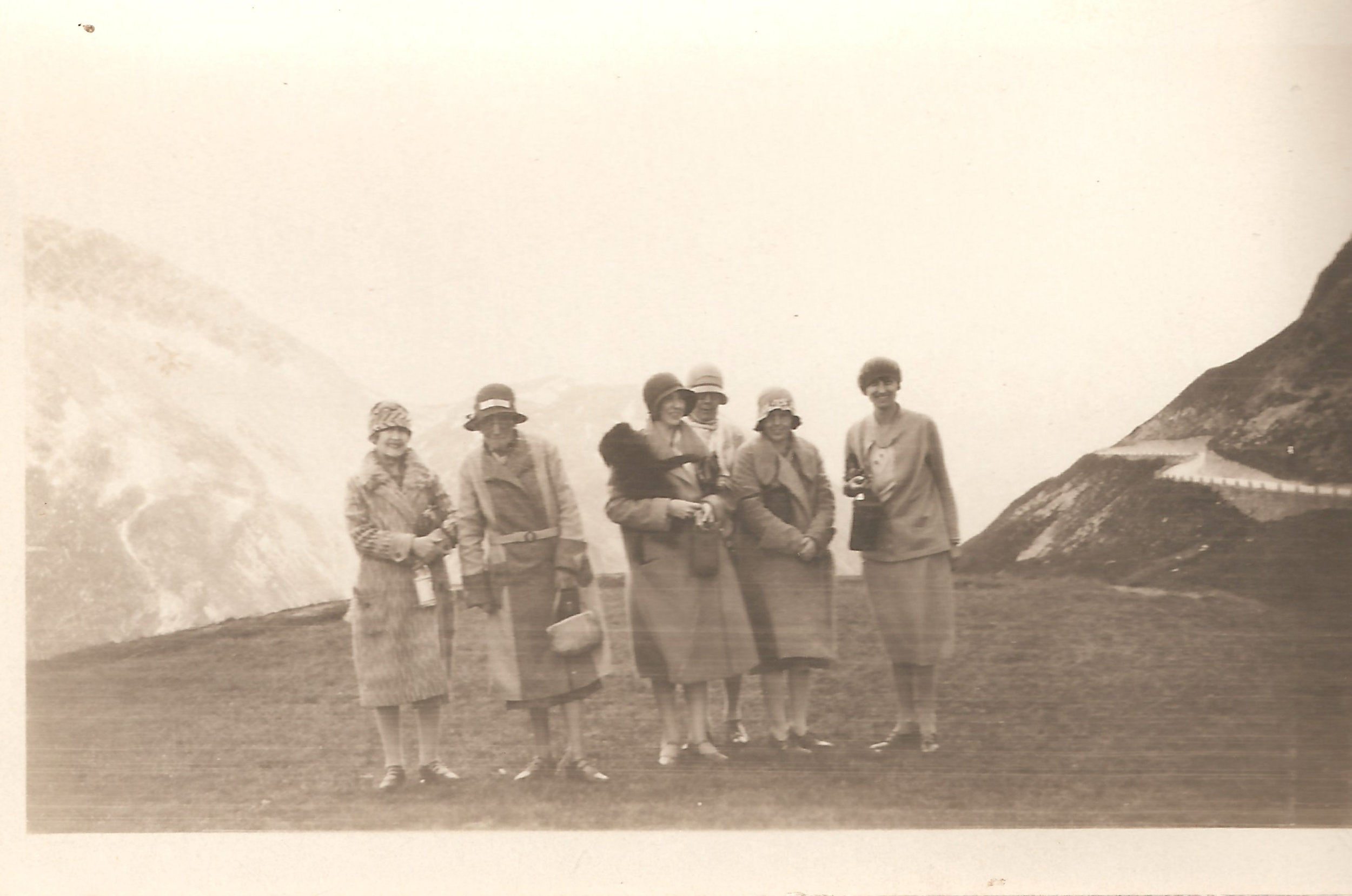 Group photo at the top of the mountain. Evelyn Hazen may very well be taking the photograph.