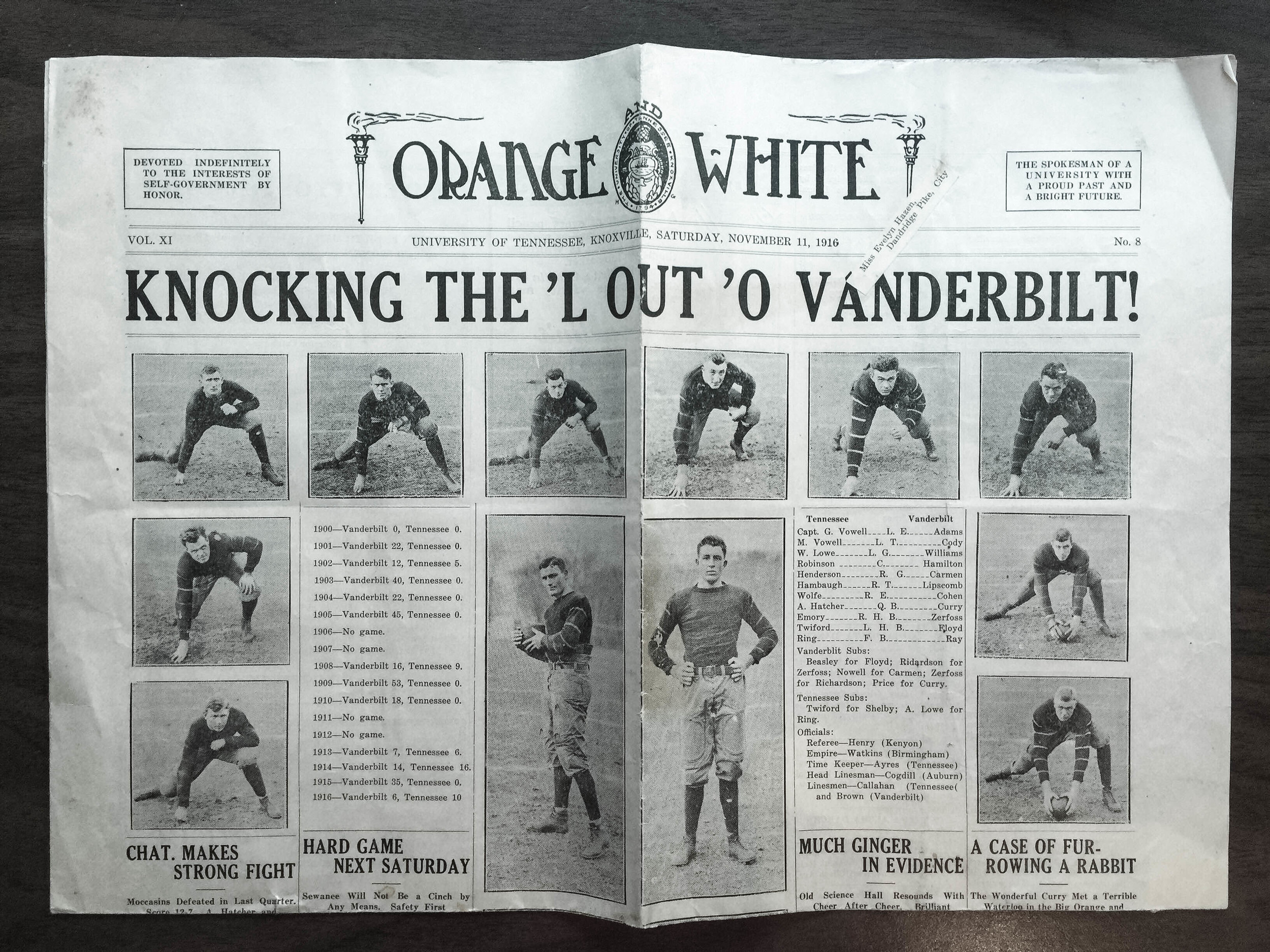 An example of UTK football coverage of the time; Evelyn Hazen's copy of Orange & White , Nov. 11, 1916