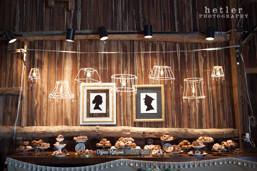 Dessert display counter with donuts and silhouettes