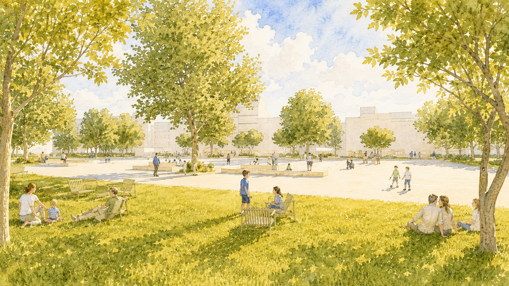 Nieuwe verblijfsruimtes onder de bomen maken van het plein opnieuw een aangename plek voor de buurt.