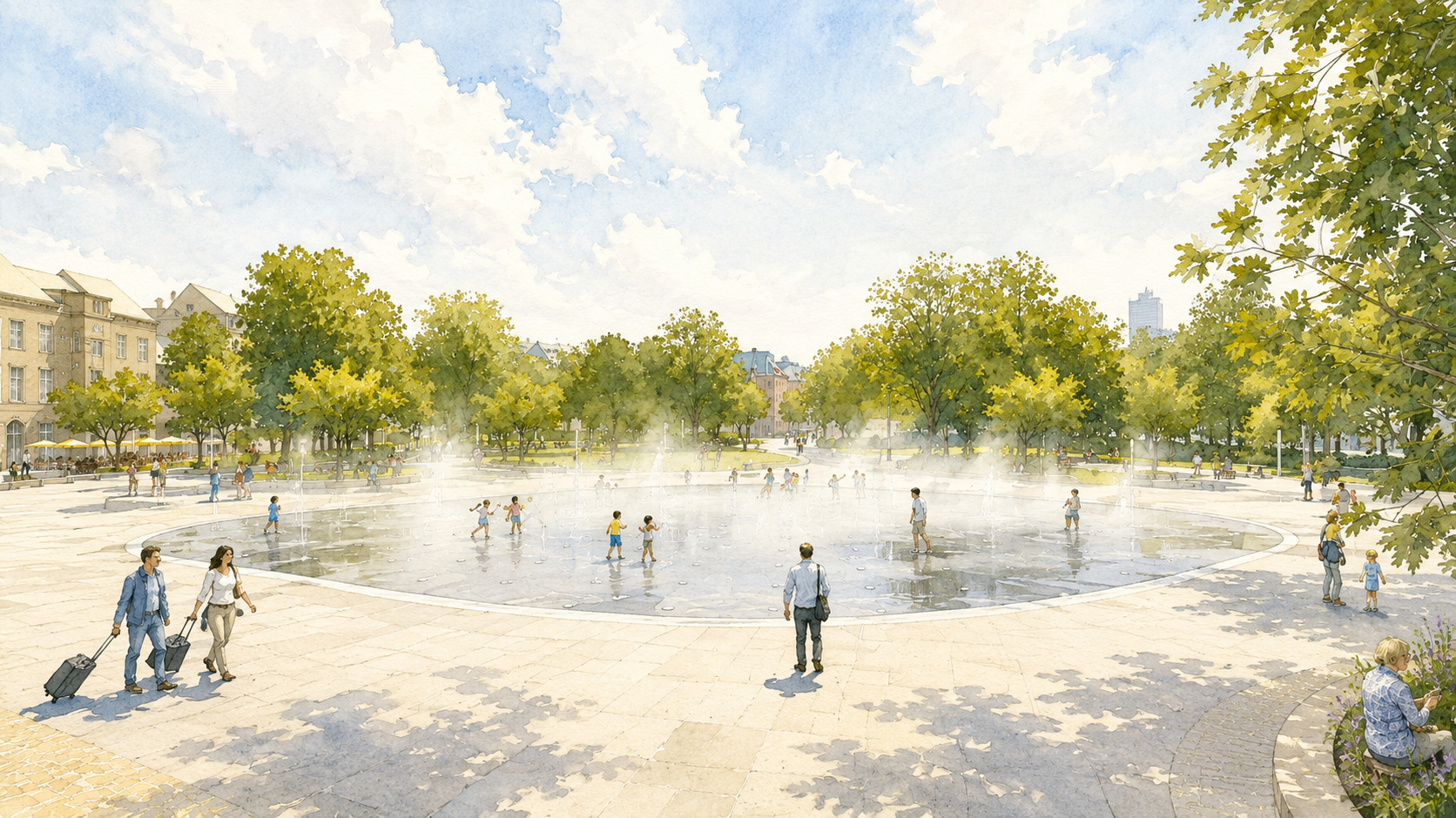 De waterspeelfontein zorgt voor verkoeling op warme dagen en kan tijdens evenementen eenvoudig worden uitgeschakeld.
