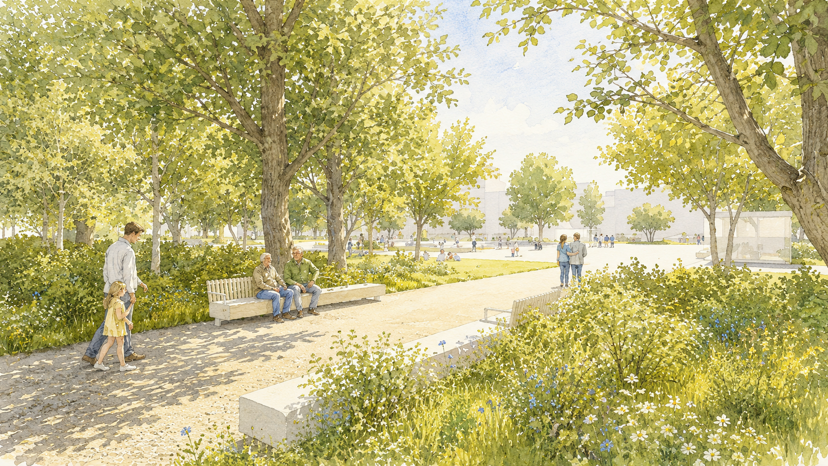 De groene boord vormt een koele verblijfsruimte met ruimte voor wandelen, ontmoeten en ontspannen.