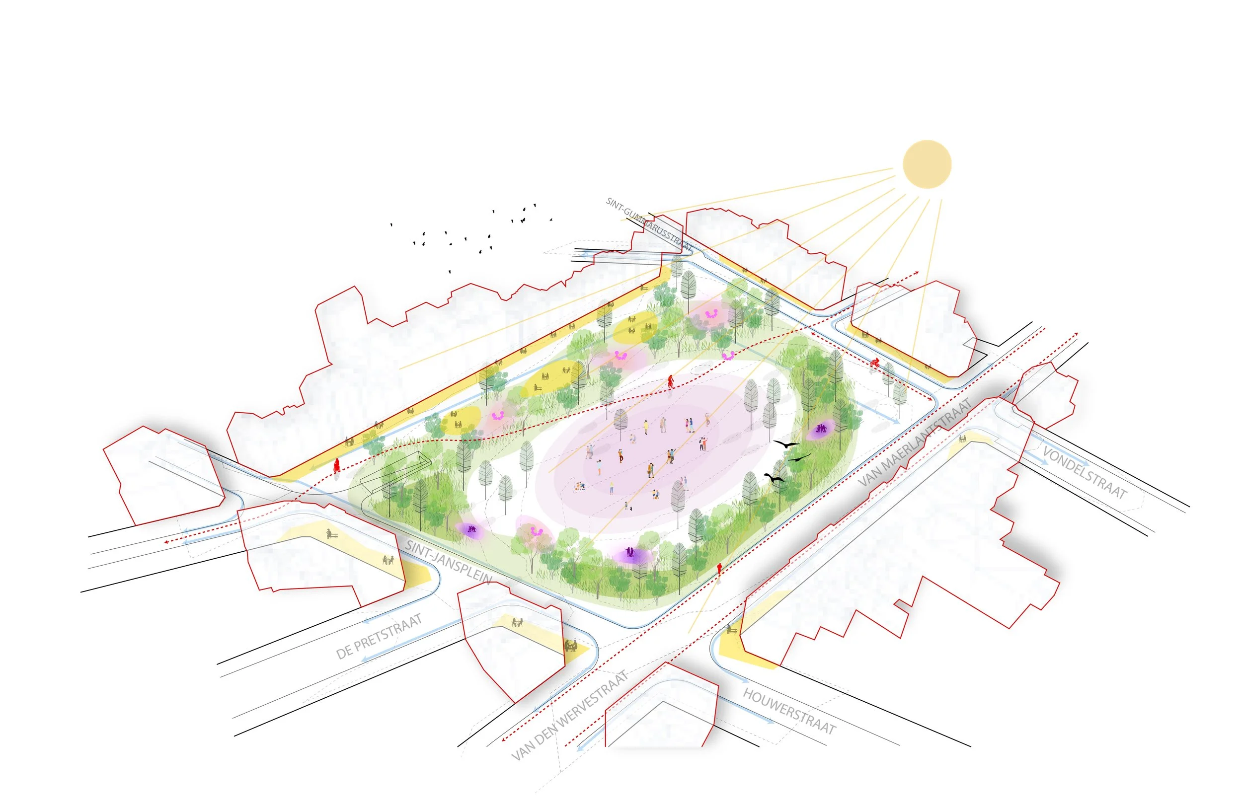 Het plein wordt opgebouwd uit drie samenwerkende lagen: gemeenschap, groen en water. Samen vormen ze een klimaatbestendige en levendige publieke ruimte in de stad.